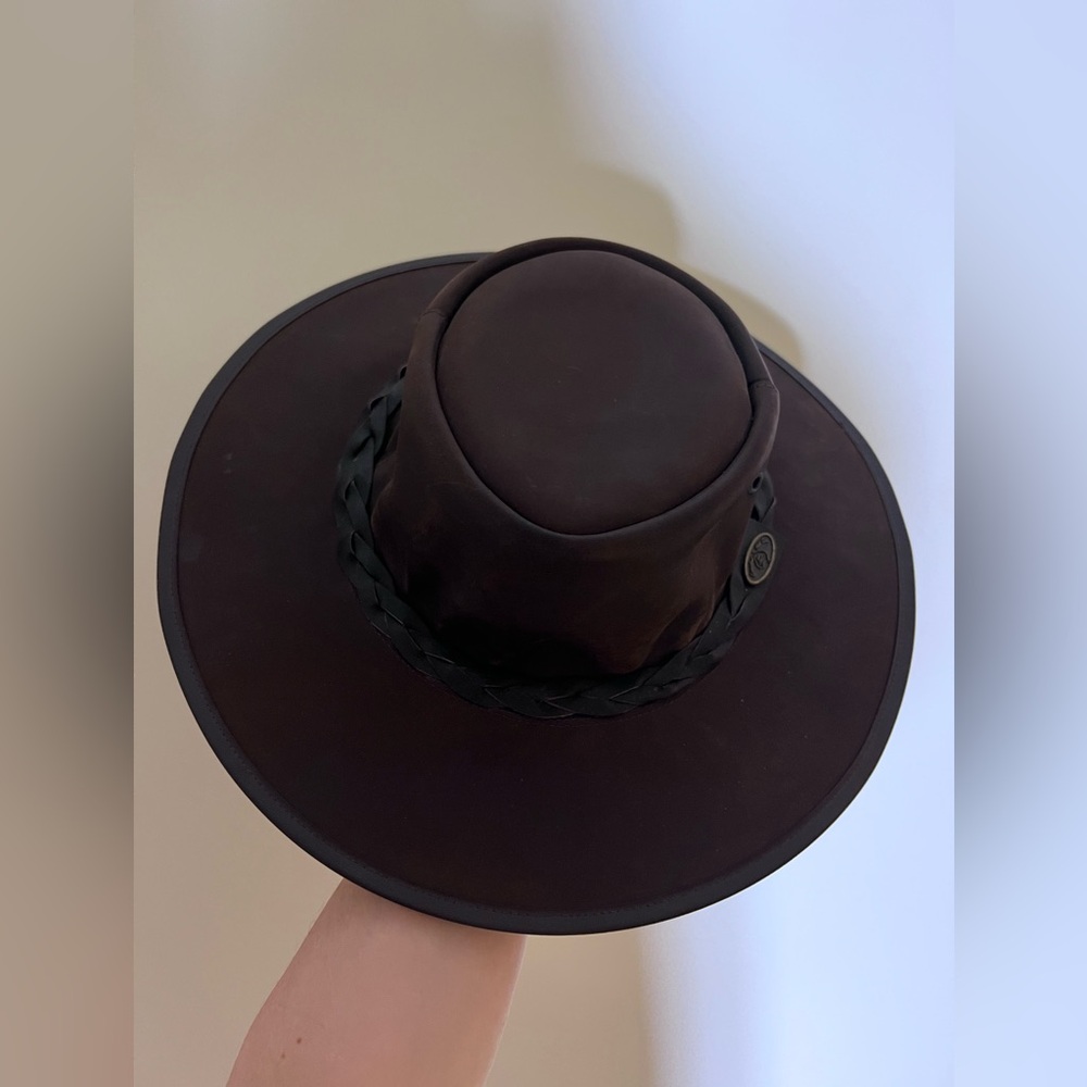Vintage Coastline Hat Co. Australian Genuine Brown Leather Wide Brim Braid Hat